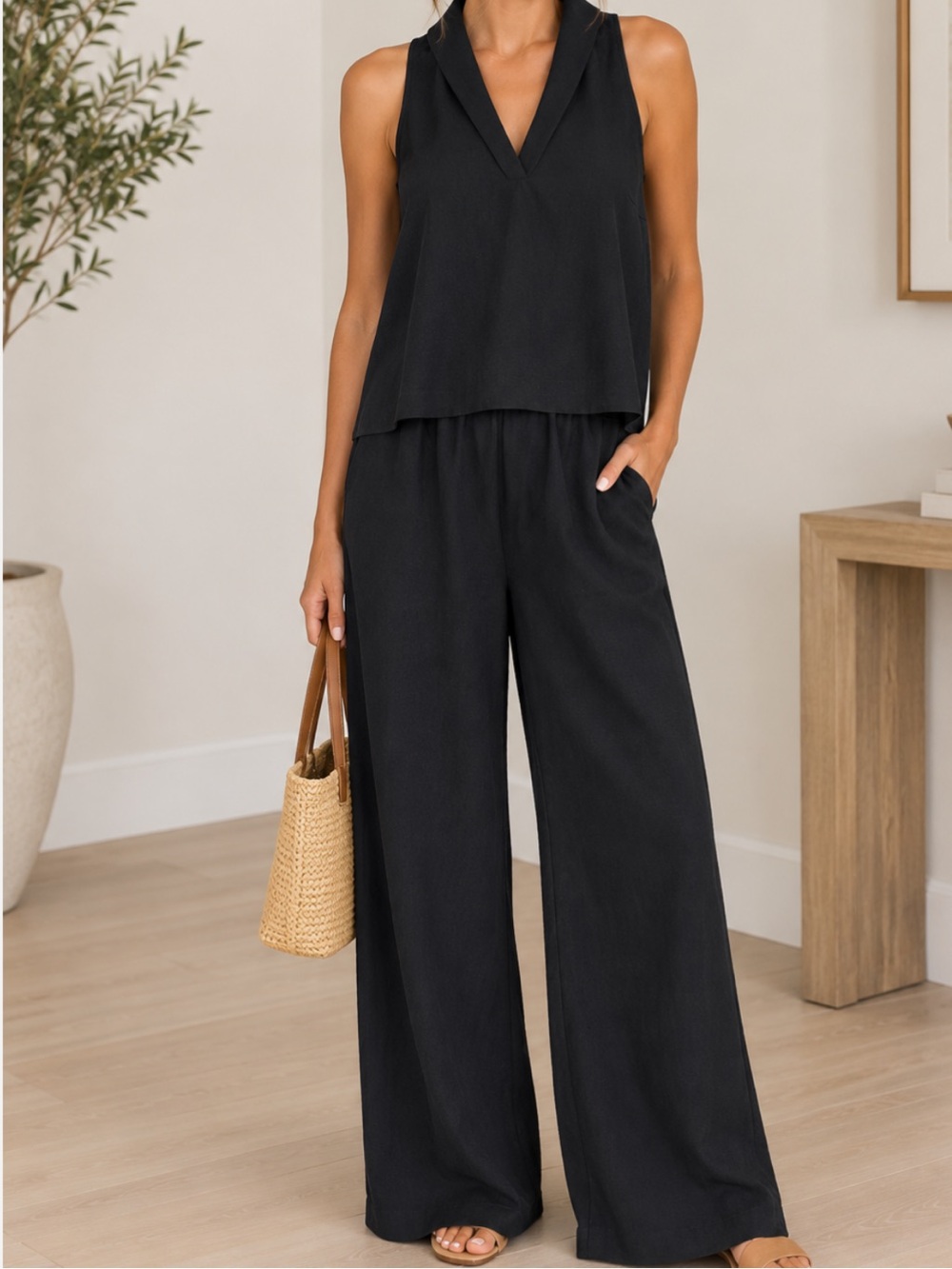 Women's 2 Piece Set - V Neck Sleeveless Top & Wide-Leg Pants- NWT - Size M